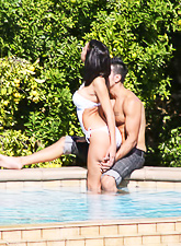 Brunette babe with a perfect body shows off by the pool and gets nasty with her boyfriend