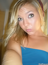 Kinky blonde makes naked selfies in the bathroom right before taking dick deep into her three holes