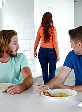 Redheaded MILF in blue lingerie gets double-teamed and triple-teamed