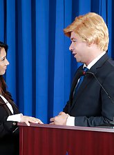 Brunette presidentia candidate gets grabbed by the pussy by a combover dude