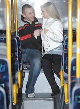 Skirt-wearing blonde with perky tits gets fucked on a public bus