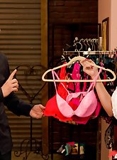 Thong-wearing young brunette gets seduced by a hung shop clerk