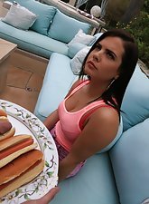 Thick brunette teenager with a hairy pussy gets fucked outdoors