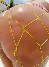 Fishnets-clad blonde rides this guy's cock and gets covered in cum