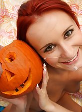 Redhead with a huge forehead gets her tight trimmed pussy banged