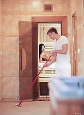 Skinny brunette with long legs decides to fuck the janitor in a sauna