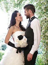 Stockings-clad brunette bride getting banged by her big-dicked groom