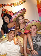 Party girls getting savagely pounded on a big yellow couch, what an orgy