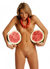 Sybille A plays with her yummy boobs and with two big water melons and her slit.