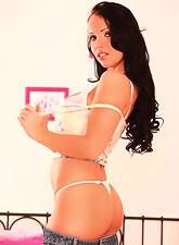 Laura Lion takes her sexy denim skirt off and shows us her round big melons.