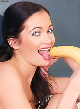 Busty brunette chick Barbara strips her red top and shows her fresh wet cunt.