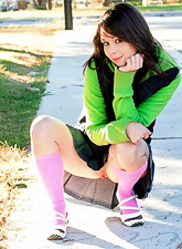 Ariel Rebel proves that she wears no panties under skirt even when walking in a park.