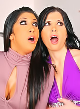 Two babes, Kayla Carrera and Rebecca Linares sharing a big cock after getting naked.