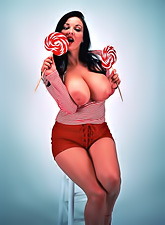 Georgous Lorna Morgan in sexy red lace lingerie and lollypops on the photoshoot.