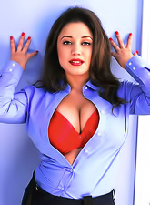 Sexy latina Miriam Gonzalez with unbuttoned shirt giving a hit of her big breast.