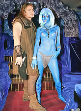 Slutty blonde model Jessica Drake got bodypainted in blue and then fucked hard.