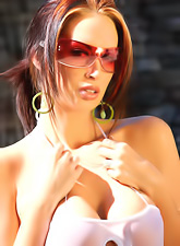 Hot brunette slut Nikki Nova strips by the pool and shows us her big melons.