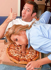 Sindy Lange takes her mini skirt off for the pizza dude and sucks his big schlong.