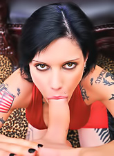 Hot brunette babe Cadence St. John strips her red dress and gives amazing blowjob.