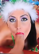 Busty brunette pornstar Jessica Jaymes strips her green lingerie and sucks hard cock.