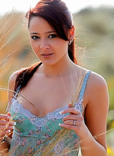 Annabelle Angel takes her lace dress outdoors off and shows her perky boobs.