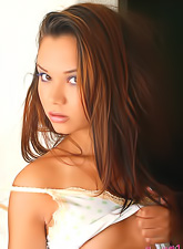 Cute teen babe Jenny Reid takes off her white thongs and shows us her horny pussy.