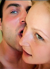 Liz Honey kneels before her handsome lover and sucks big piece of hard meat.