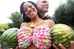 Horny ebony chick is having fun with her lover's huge cock next to the pool. She loves this dick