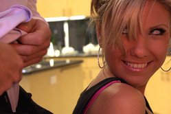 Aubrey Addams exposes her big jugs in a black corset while she gets screwed hard