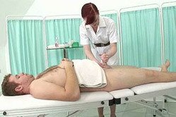 Lady Sonia takes her white coat for her patient and then wanks a big stiff cock