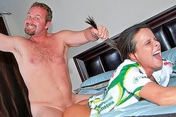 Slutty brunette bitch Daisy Duxe strips for her lover and gets sprayed by cock.