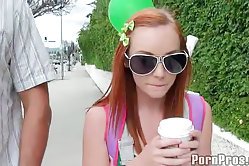 Ginger cutie runs into a dude in the street. They drink coffee but soon move on to making hard sex