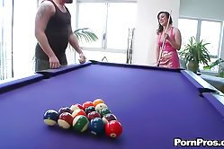 Tied up porn bitch is ready for a nasty game of pool, her freaky lover wants to fuck her butt