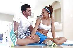 Hot brunette does her stretching exercises when the dude joins her for a doggy fucking scene