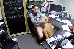 Naked blonde kneels in front of a half-naked dude to take his cock deep into her mouth