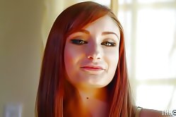 Red-haired babe dances for her man and then takes his erected dick deep into her stretched throat