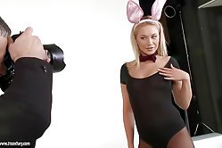 Naughty bunny shakes her ass to lure a well-hung dude's erected dick inside her sweet holes