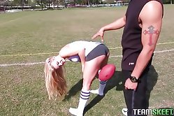 Juicy blonde surrenders to her sex-hungry trainer who gives her a deep doggy anal fuck