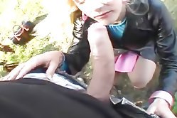 Blonde cutie relaxes on a park bench when a dude comes to seduce her into an outdoor blowjob