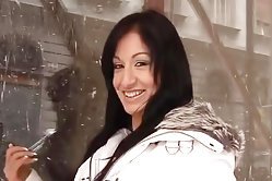 Half-naked brunette gives lucky dude a deep blowjob and enjoys every drop of fresh sperm