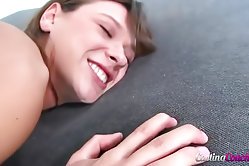 Juicy brunette kneels to take her lad's dick deep into her throat right before a deep doggy fuck