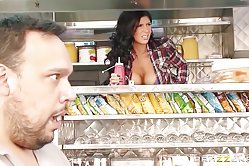 These two girls are ready to screw a well hung man in the shop, this threesome is just perfect