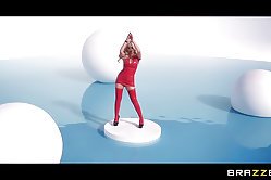 Juicy blonde in red outfit sits down on cock to get her pussy and her tight ass fucked deep