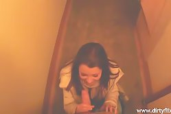 Clothed dude puts a naked hottie into a doggy position to dive deep into her pussy and asshole