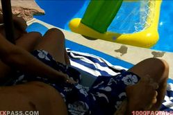 Aiden Aspen gets down on her knees by the pool and gives amazing deep blowjob